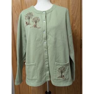 Breckenridge Cardigan Womens XL Green Embroidered Pearl Snap Fall Trees Squirrel